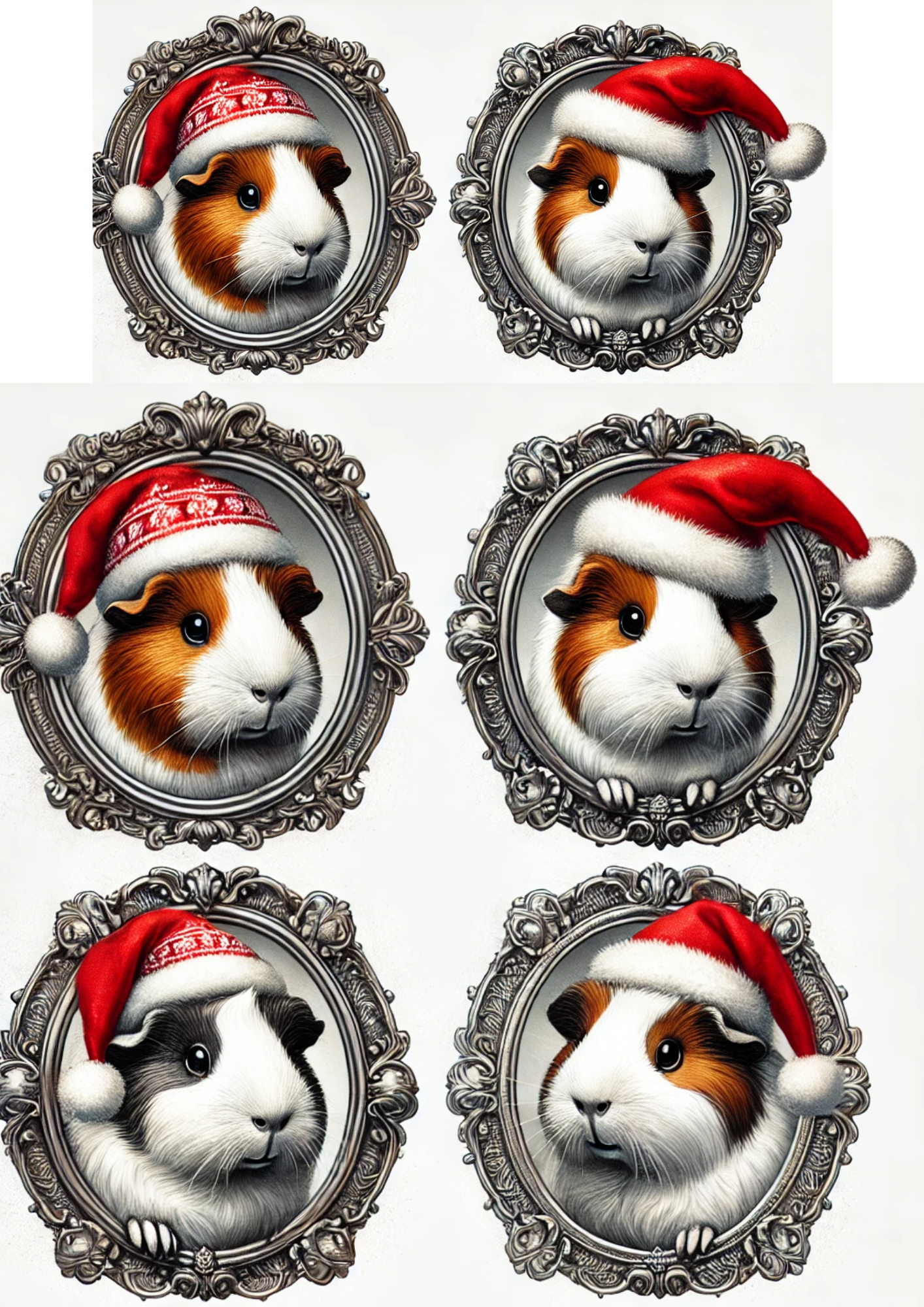 Sticker Sheet / Greeting Card – Guinea Pig In Christmas Hat In Ovals Full Cat. No. 3164