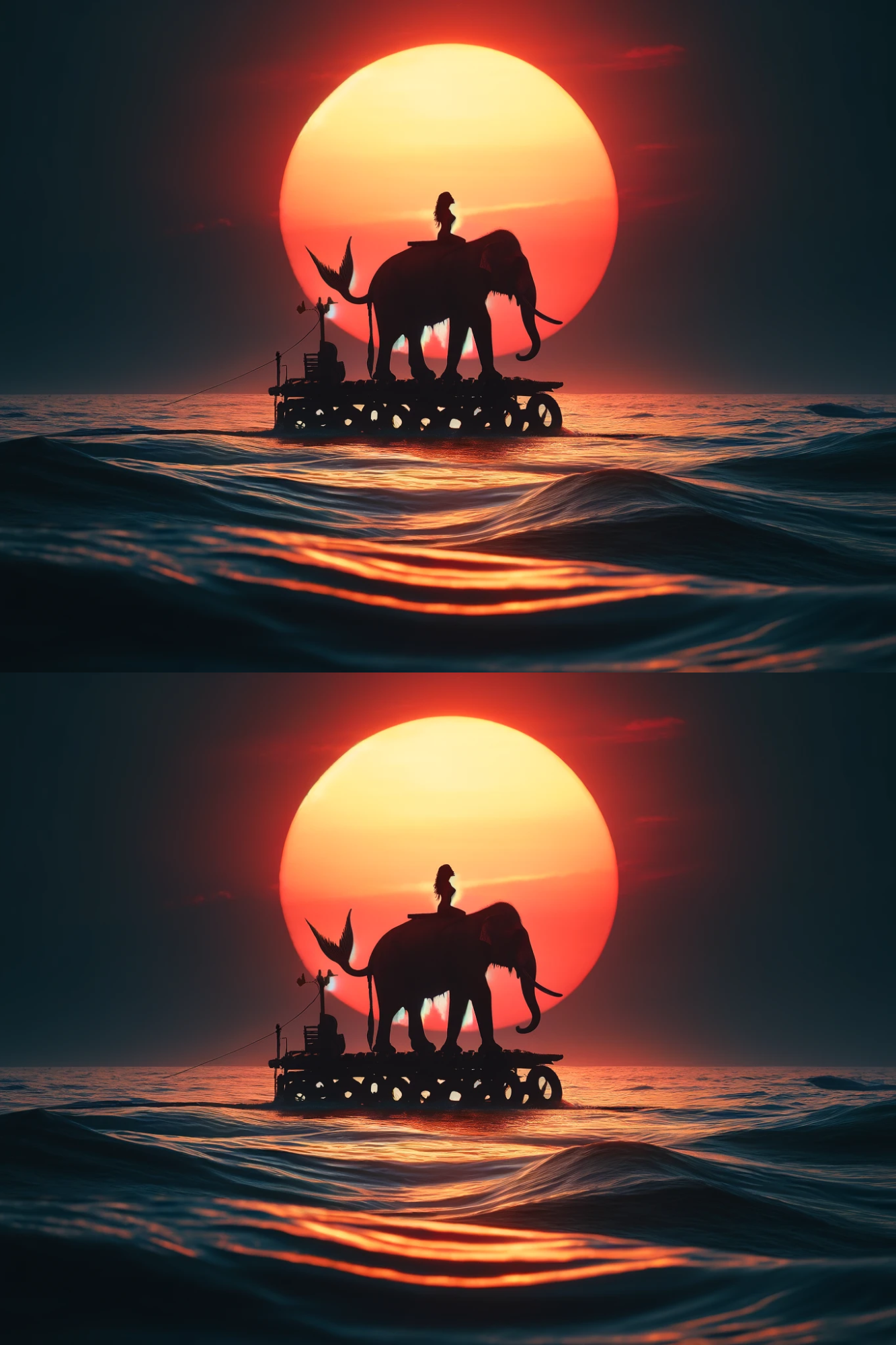 Sticker Sheet / Greeting Card – Mermaid On An Elephant On A Raft Collage Cat. No. 414