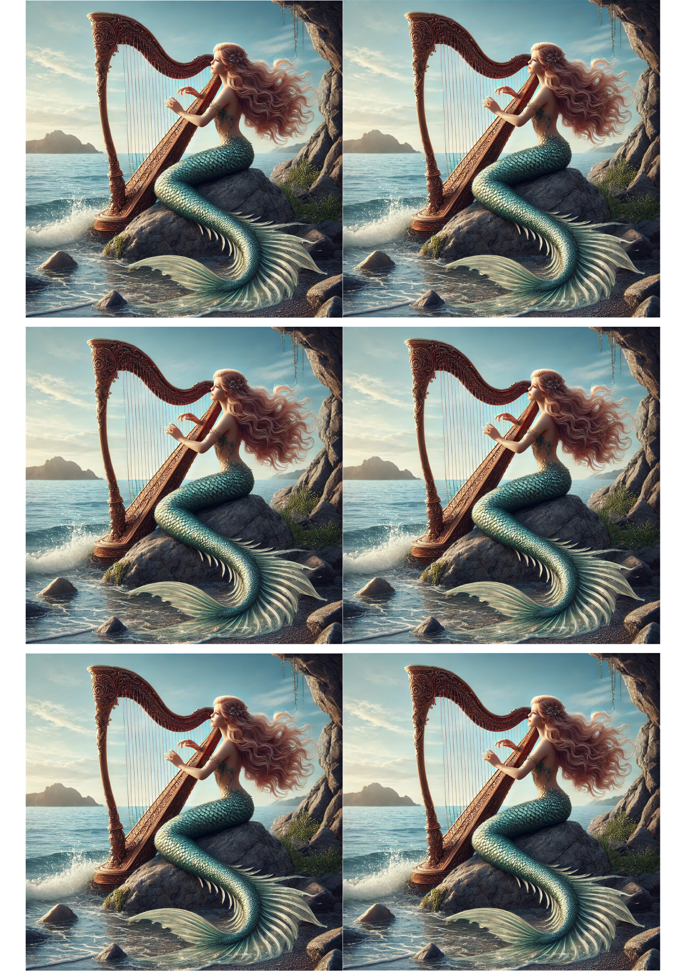 Sticker Sheet / Greeting Card – Mermaid Is Playing Harp Collage Cat. No. 2515