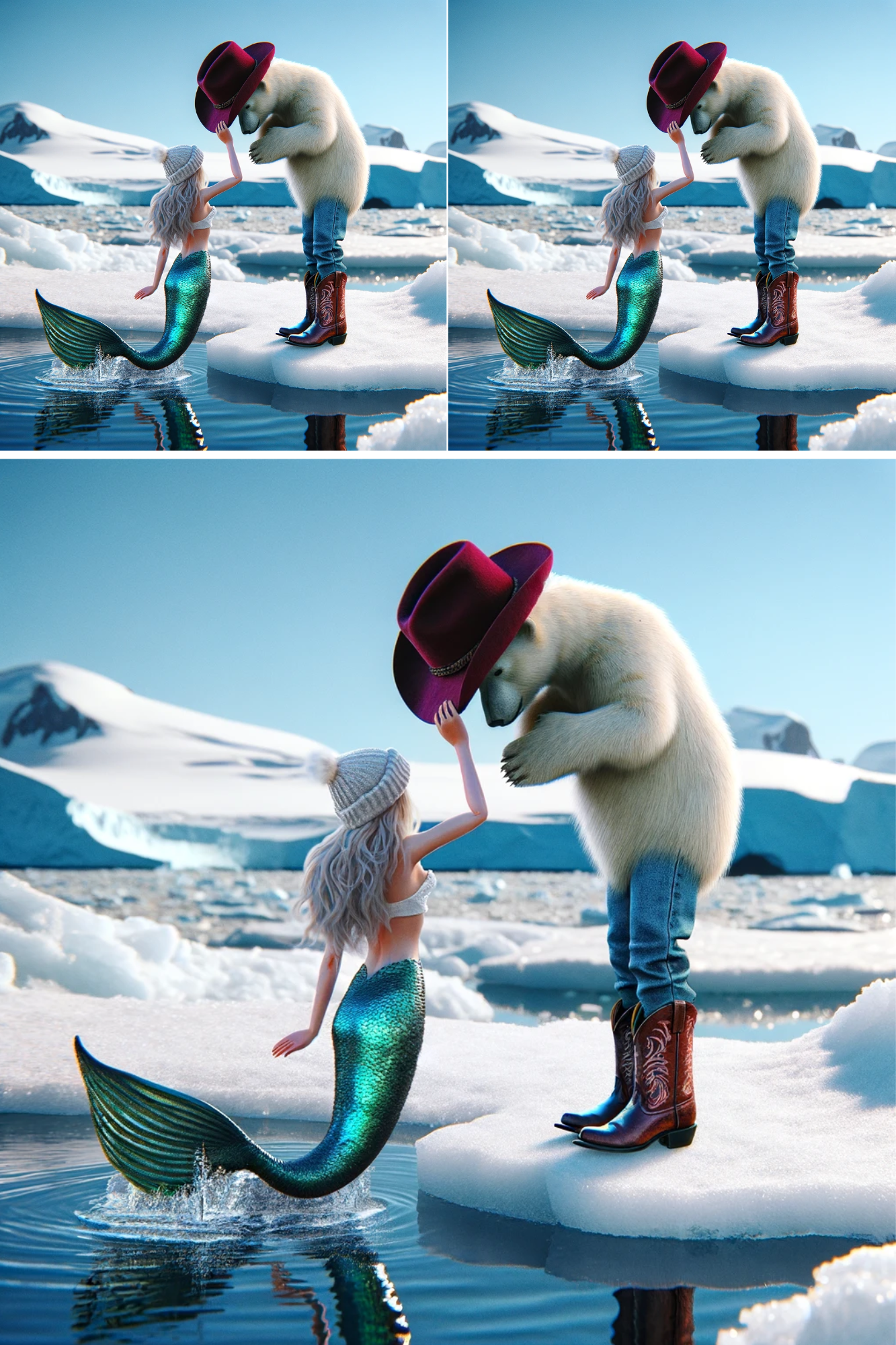 Sticker Sheet / Greeting Card – Mermaid and Polar Bear in a Hat Cat. No. 17