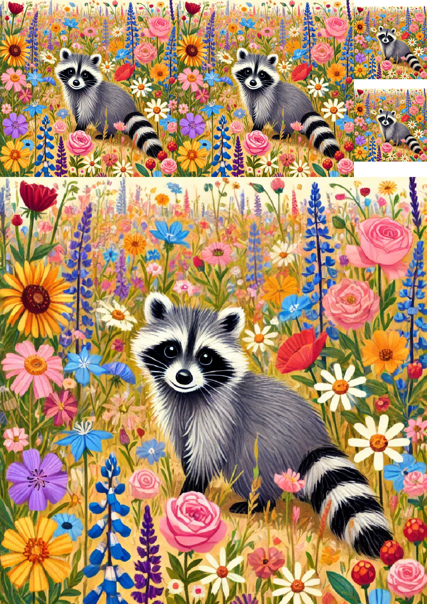 Sticker Sheet / Greeting Card – Raccoon In The Meadow Collage Cat. No. 1475
