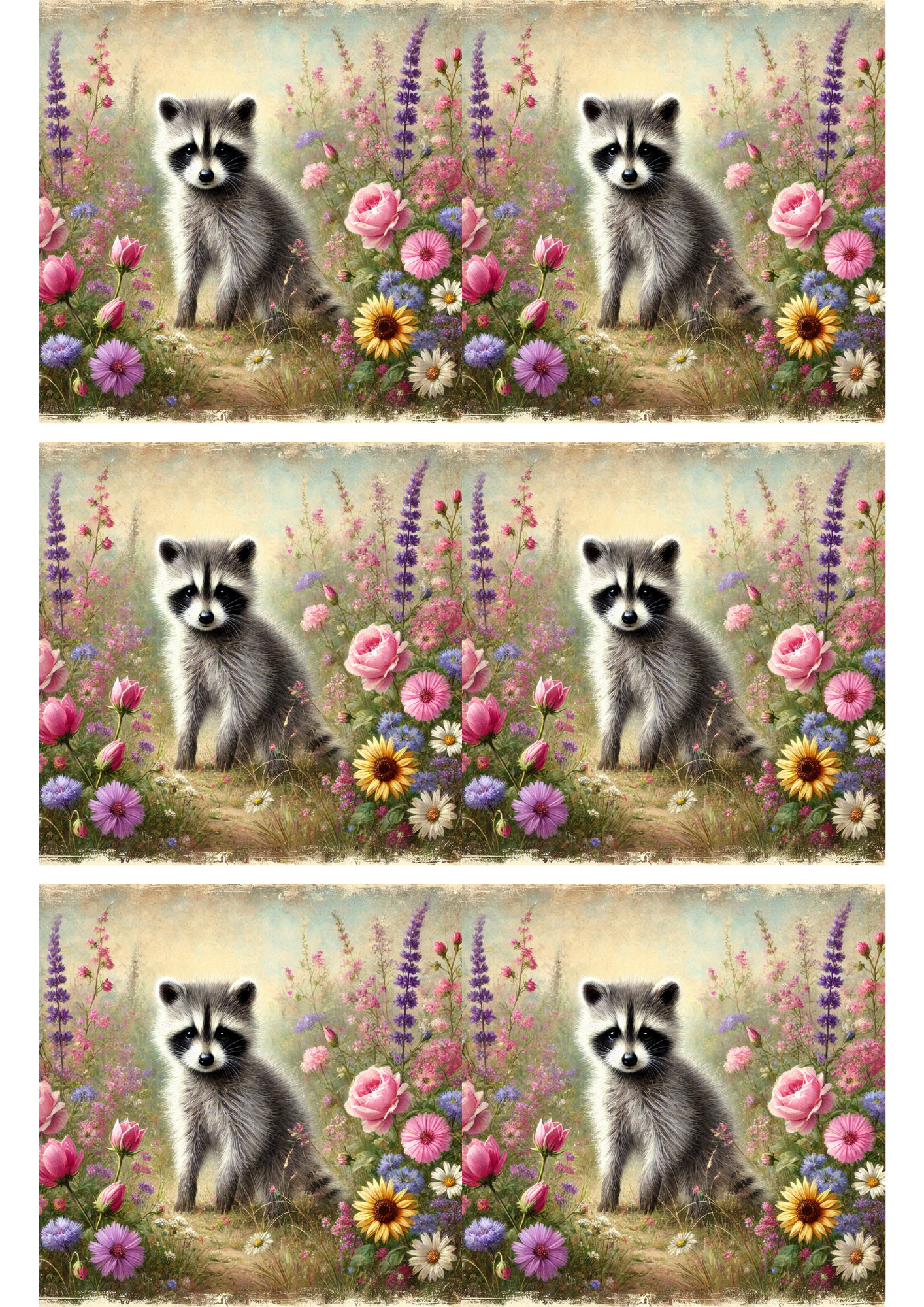 Sticker Sheet / Greeting Card – Raccoon On Spring Meadow Collage Cat. No. 3165