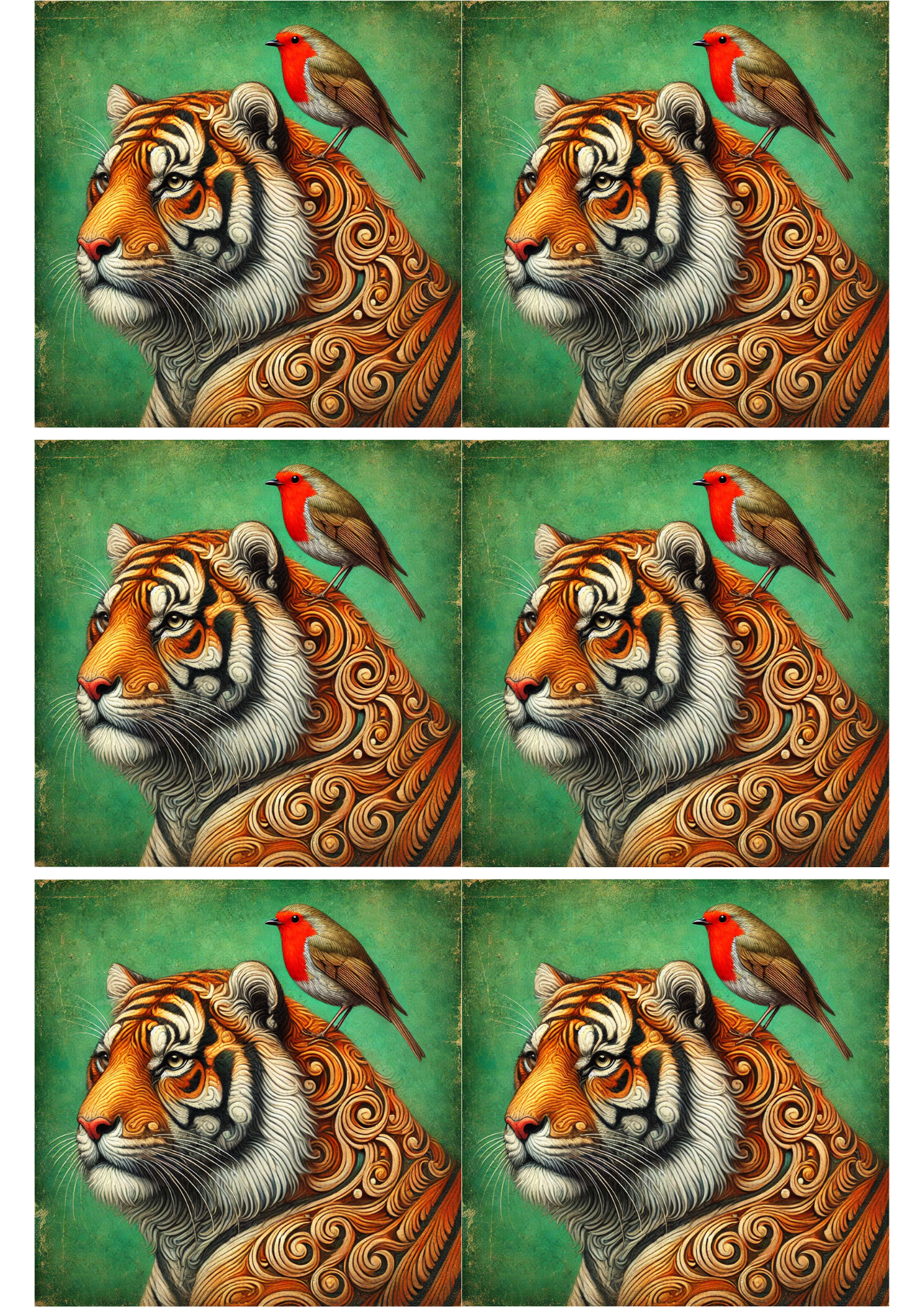 Sticker Sheet / Greeting Card – Tiger and Red Robin Collage Cat. No. 2541