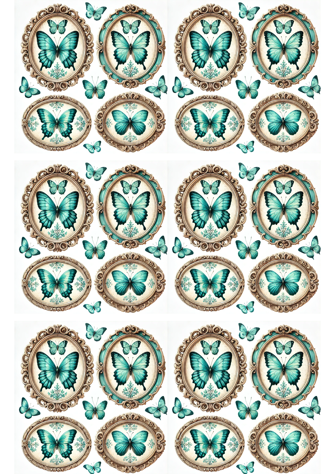 Sticker Sheet / Greeting Card – Turquoise Butterflies In Ovals Collage Cat. No. 3169