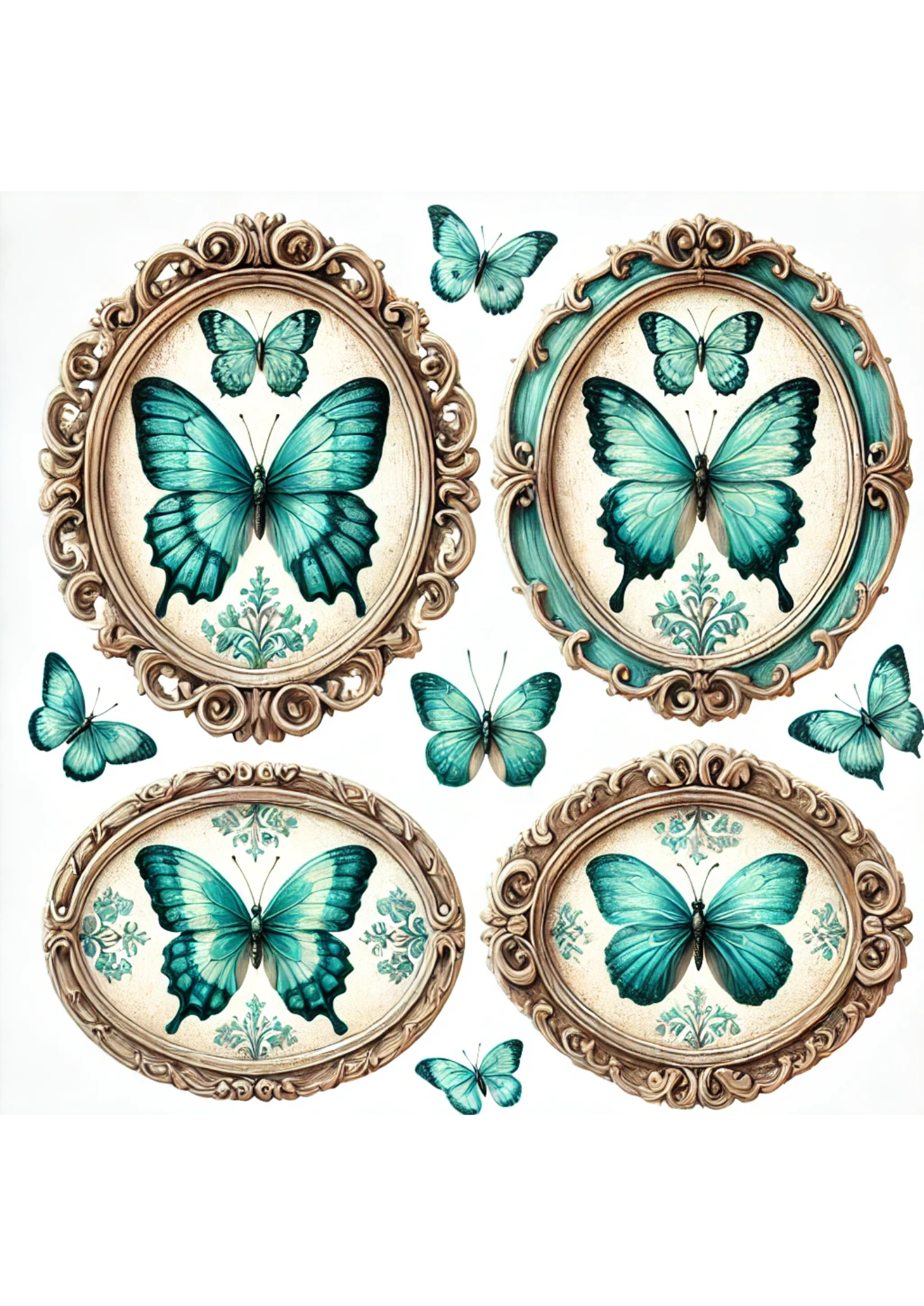 Sticker Sheet / Greeting Card – Turquoise Butterflies In Ovals Full Cat. No. 3170