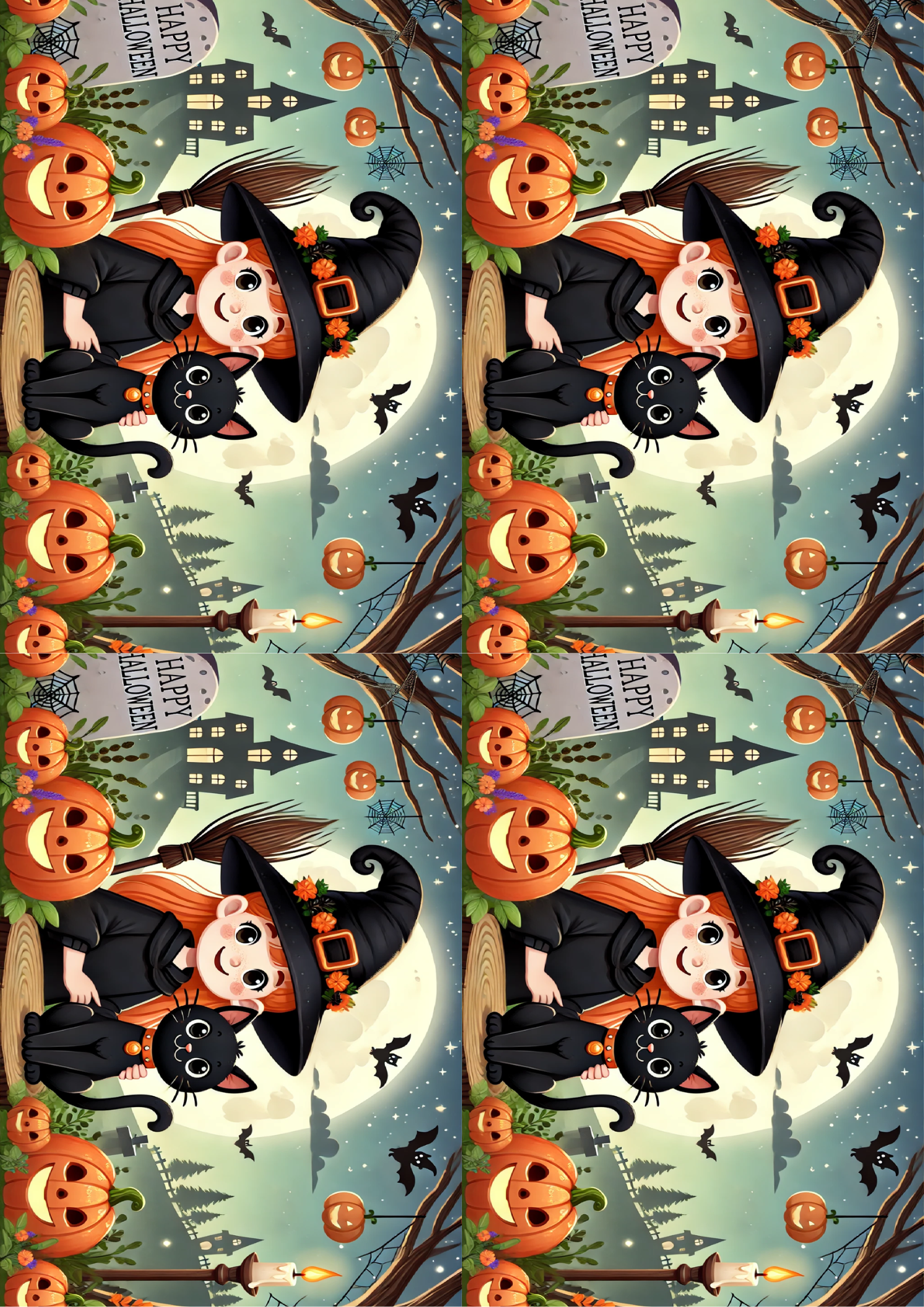 Sticker Sheet / Greeting Card – Smiling Witch With Cat Collage Cat. No. 1650