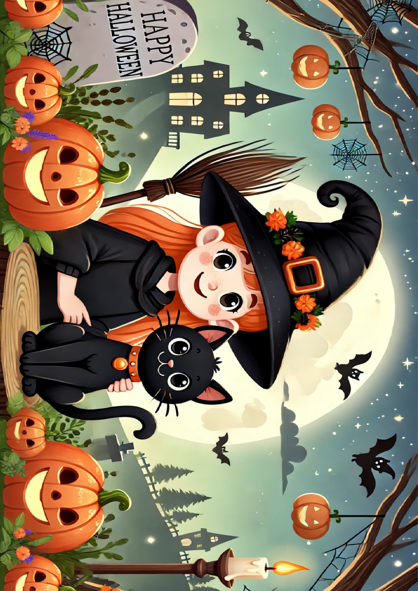 Sticker Sheet / Greeting Card – Smiling Witch With Cat Full Cat. No. 1651