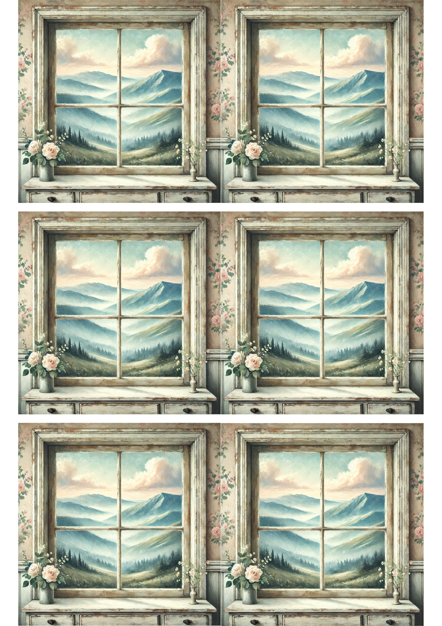 Sticker Sheet / Greeting Card – Mountain View Through Window Collage Cat. No. 3173