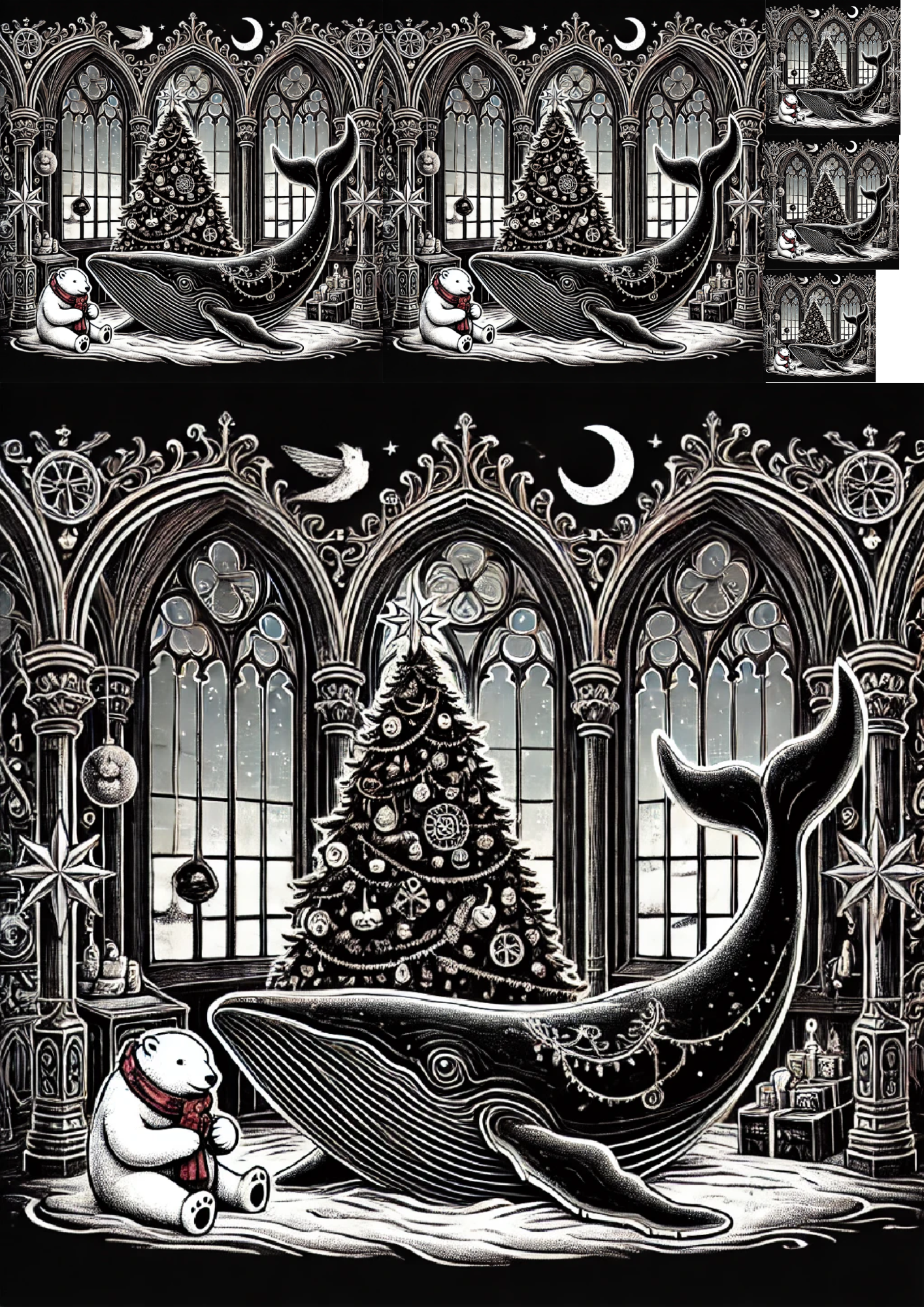 Sticker Sheet / Greeting Card – Whale, Teddy Bear and Christmas Tree in Gothic Style Collage Cat. No. 1248