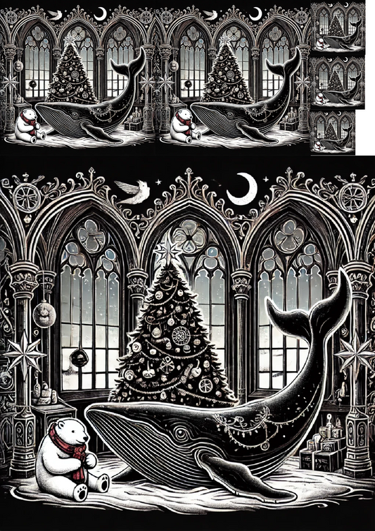 Sticker Sheet Whale, Teddy Bear and Christmas Tree in Gothic Style Collage Cat. No. 1248