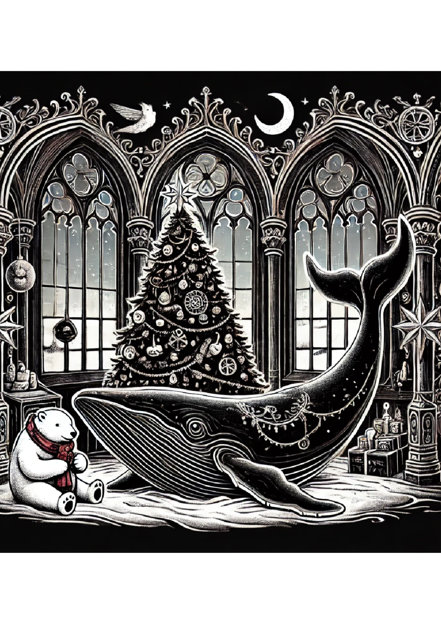 Sticker Sheet Whale, Teddy Bear and Christmas Tree in Gothic Style Full Cat. No. 1249