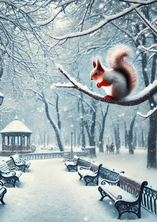 Stickerbogen – Eichhörnchen im Park im Winter, vollständige Kat.-Nr. 2652