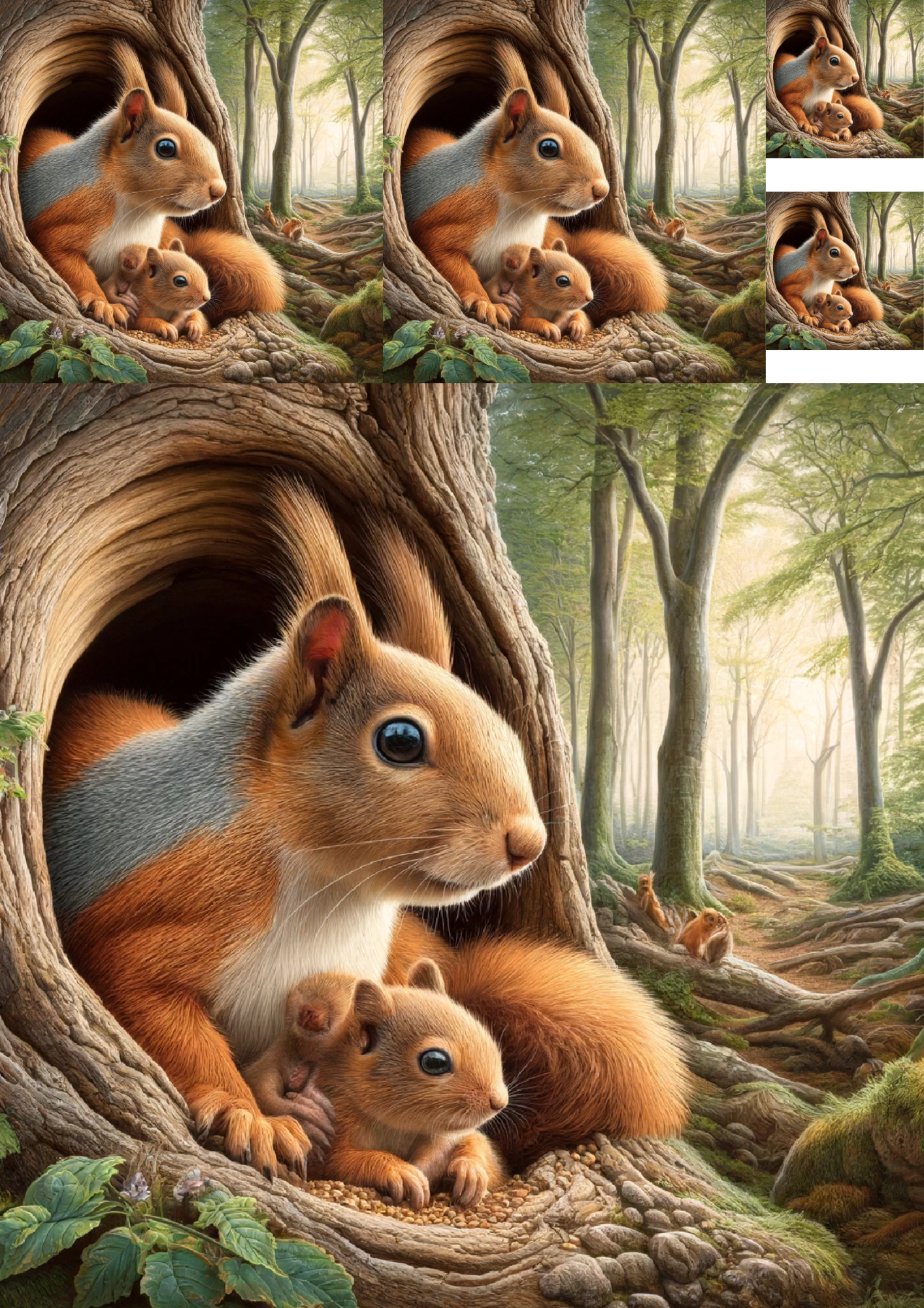 Sticker Sheet / Greeting Card – Squirrel Family In The Forest Collage Cat No. 1007