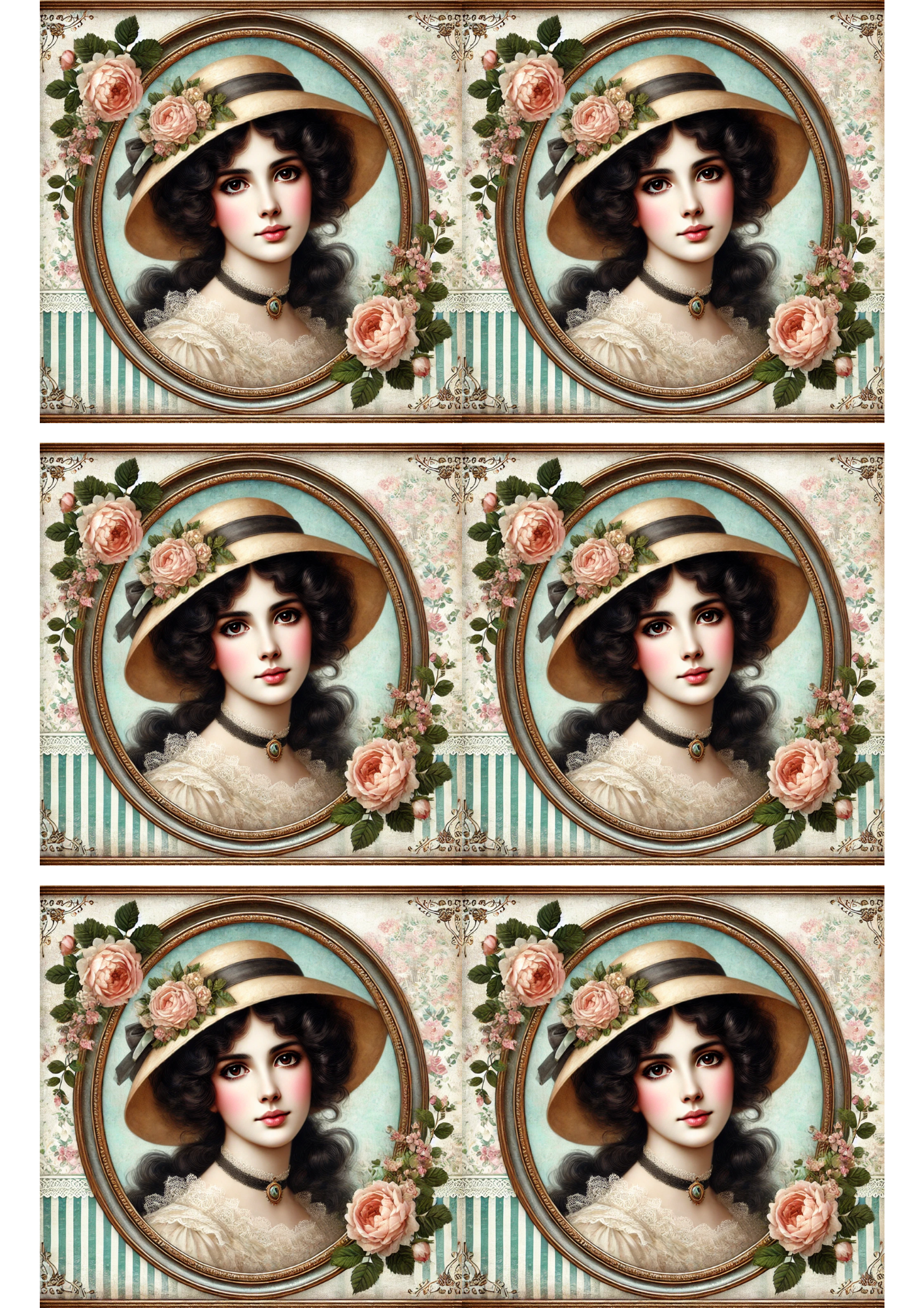 Sticker Sheet / Greeting Card – Victorian Woman In Oval Collage Cat. No. 3179