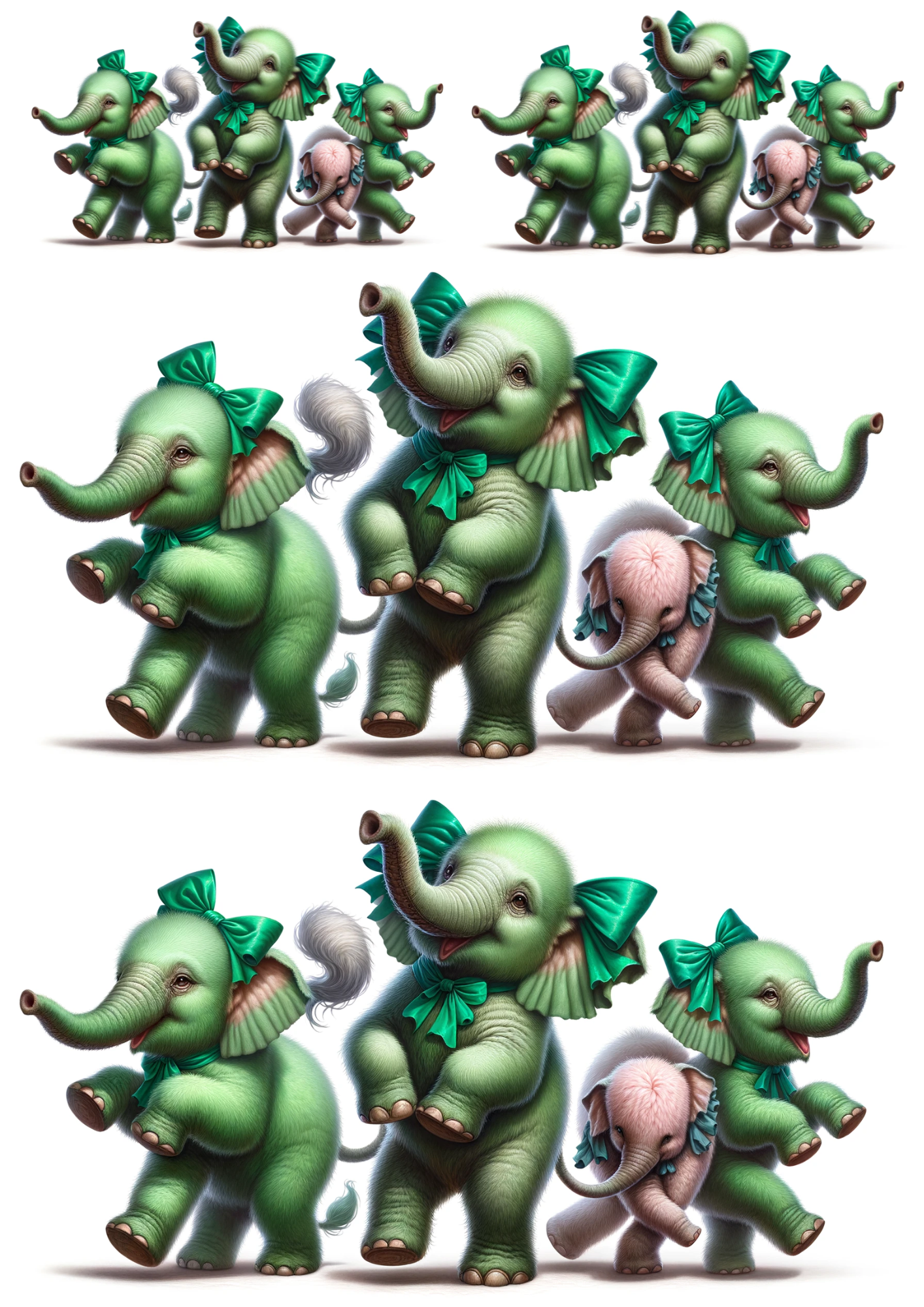 Sticker Sheet / Greeting Card – Green Dancing Elephants 2 Collage Cat. No. 491