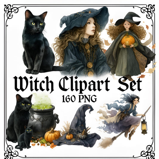 Witches Clipart Bundle – 160 PNG – Halloween Witch Elements – Transparent Background – High Resolution