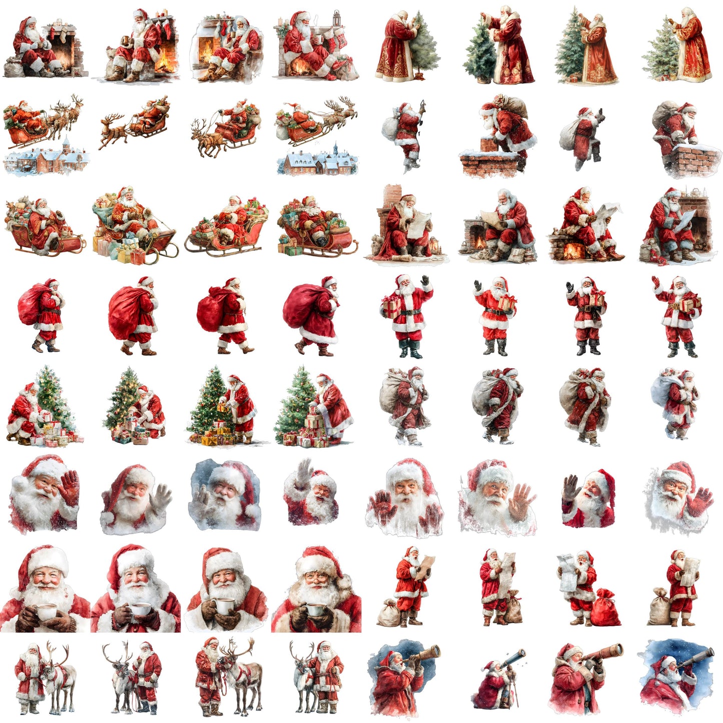 Watercolor Christmas Santa Clipart Set: 64 PNG Designs