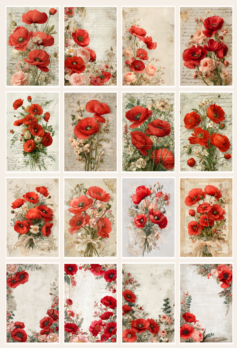 Red Poppies & Clipart Bundle – 84 Digital Files, 48 A4 Sheets + 36 Cliparts for Crafts (Instant Download)