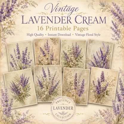 Vintage Lavender Cream Printable Design Sheets – 16 A4 Digital Pages for Crafts (Instant Download)