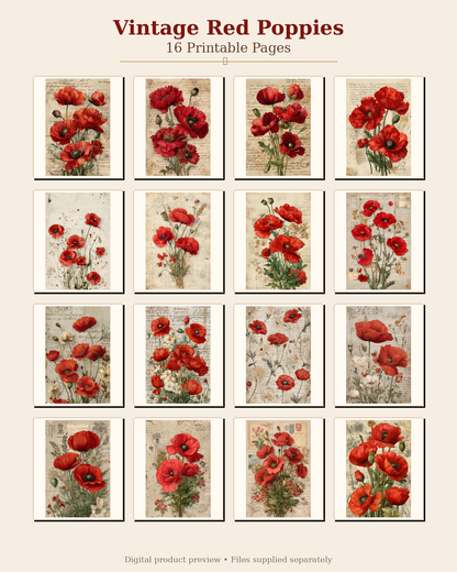 Red Poppies Printable Design Sheets – 48 A4 Digital Pages for Crafts (Instant Download)