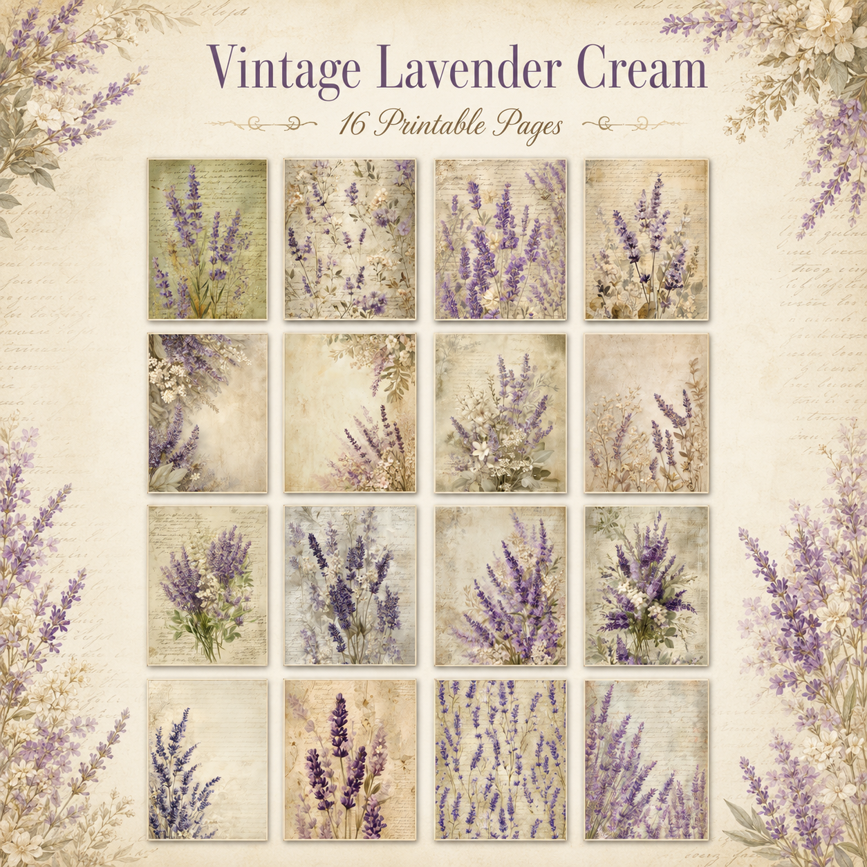 Vintage Lavender Cream Printable Design Sheets – 16 A4 Digital Pages for Crafts (Instant Download)