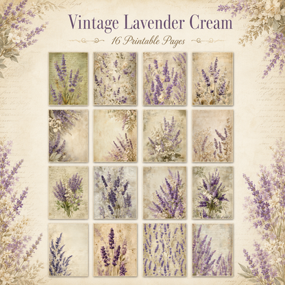 Vintage Lavender Cream Printable Design Sheets – 16 A4 Digital Pages for Crafts (Instant Download)