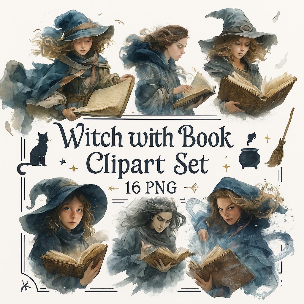 Watercolor Halloween Witch With Book Clipart Bundle: 16 PNG Files (Digital Download)