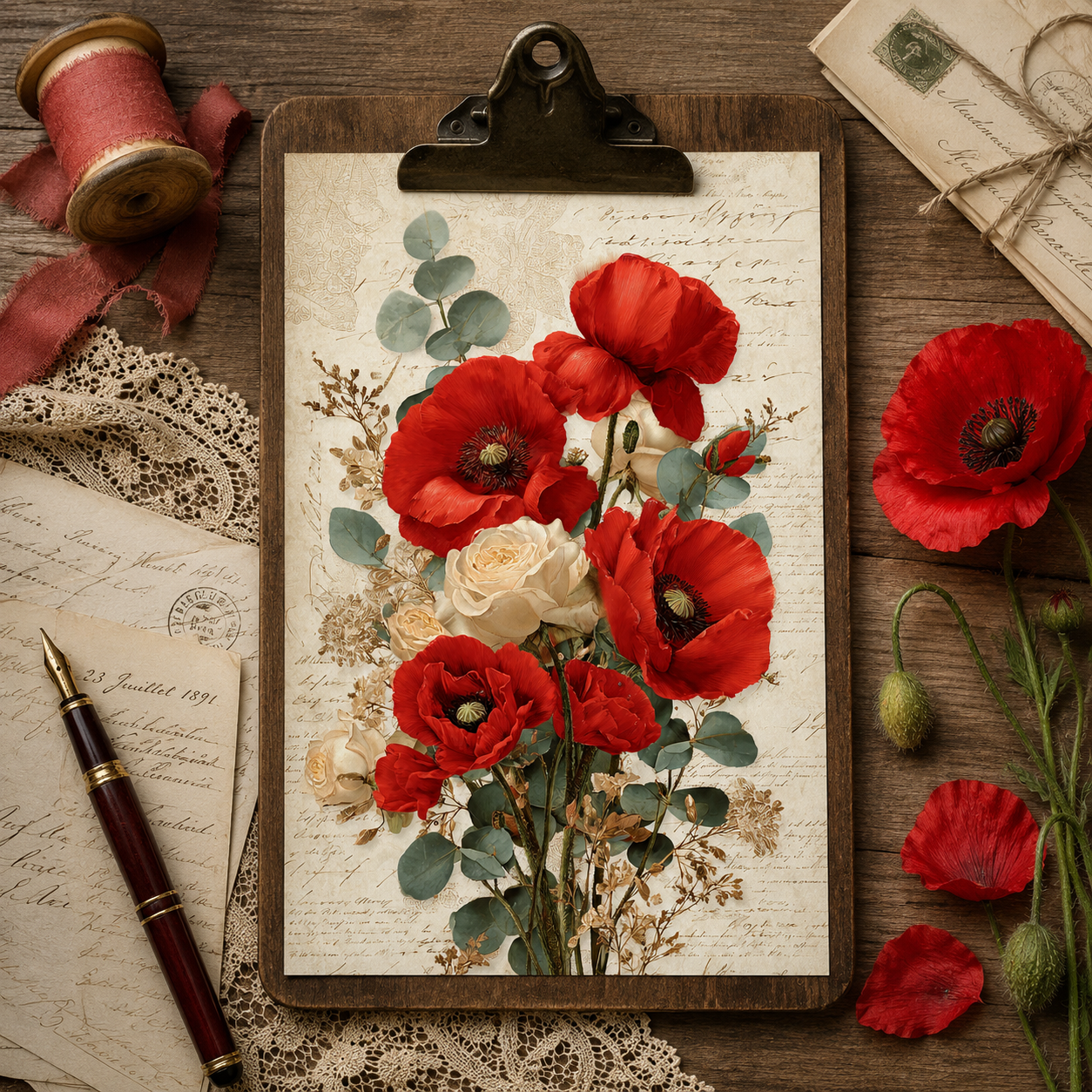 Vintage Red Poppies Printable Design Sheets – 16 A4 Digital Pages for Crafts (Instant Download)