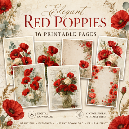 Vintage Red Poppies Printable Design Sheets – 16 A4 Digital Pages for Crafts (Instant Download)
