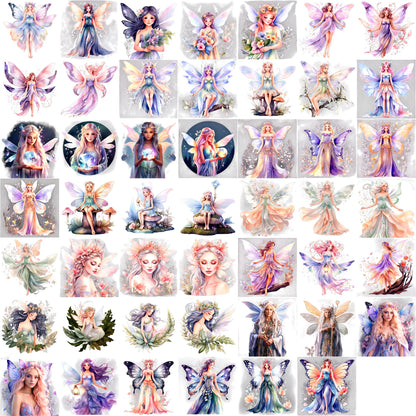 Watercolor Forest Fairies Clipart Set: 48 PNG Designs with Transparent Background