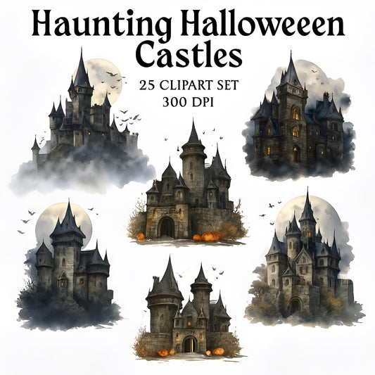 Haunted Castles Clipart Set – 25 PNG – Transparent – Watercolor Style – Spooky Gothic Illustrations – 300 DPI