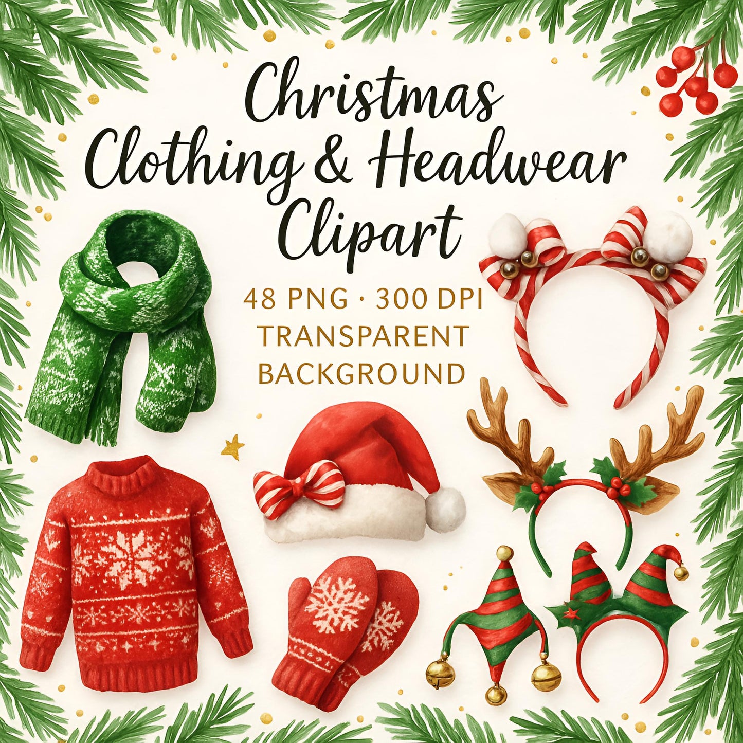 Watercolor Clothing & Headwear Clipart Bundle: 48 PNG Illustrations (Digital Download)