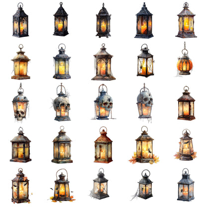 Watercolor Halloween Lanterns Clipart Set: 25 PNG, High Resolution (Digital Download)