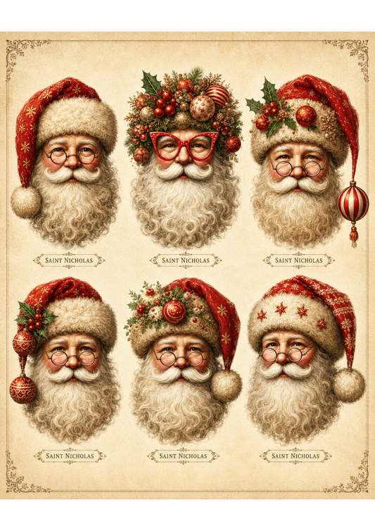 Sticker Sheet / Greeting Card – Vintage Christmas Santa Head Collage Cat. No. 10040