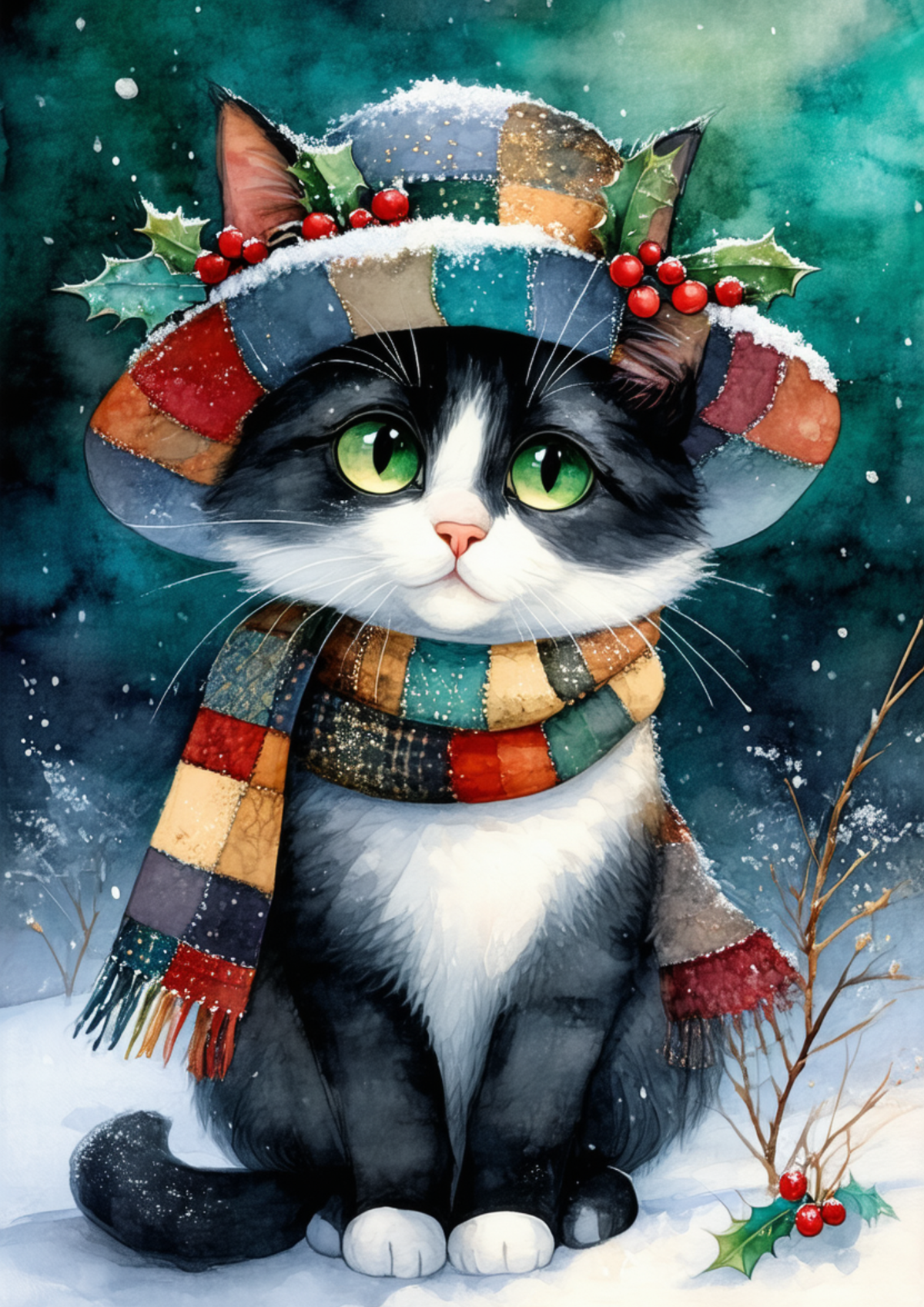Sticker Sheet / Greeting Card – Festive Patchwork Cat Full Cat. No. 10043