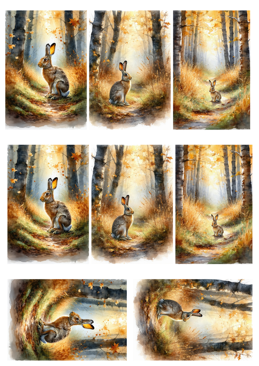 Sticker Sheet / Greeting Card – Wild Hare in the Autumn Forest Collage Cat. No. 10098