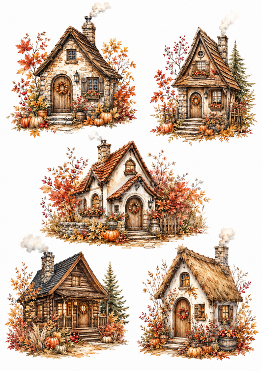 Sticker Sheet / Greeting Card – Cozy Autumn Cottages Collage Cat. No. 10100