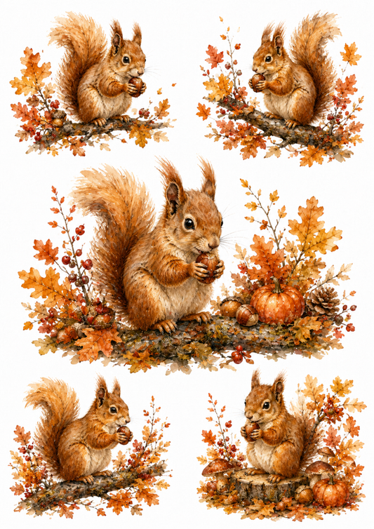 Sticker Sheet / Greeting Card – Autumn Squirrel Collage Cat. No. 10102