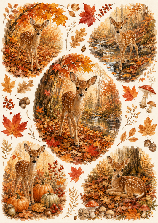 Sticker Sheet / Greeting Card – The Autumn Little Deer Collage Cat. No. 10106