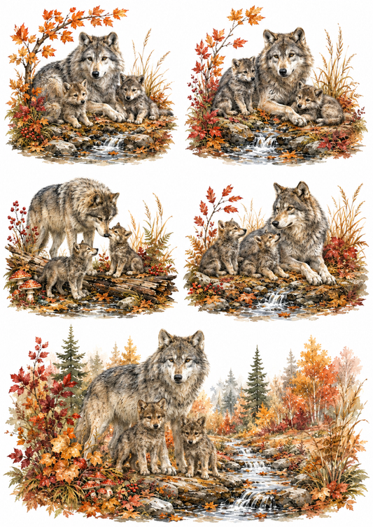 Sticker Sheet / Greeting Card – Autumn Wolf Family Collage Cat. No. 10112