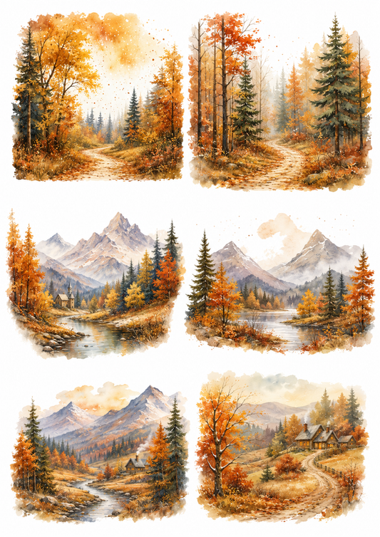 Sticker Sheet / Greeting Card – Autumn Mountain Landscape Collage Cat. No. 10118