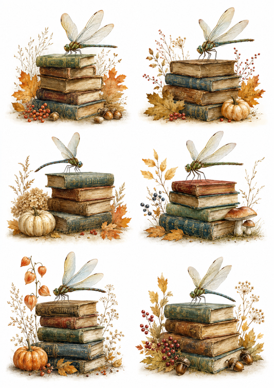 Sticker Sheet / Greeting Card – Autumn Books & Dragonfly Collage Cat. No. 10121