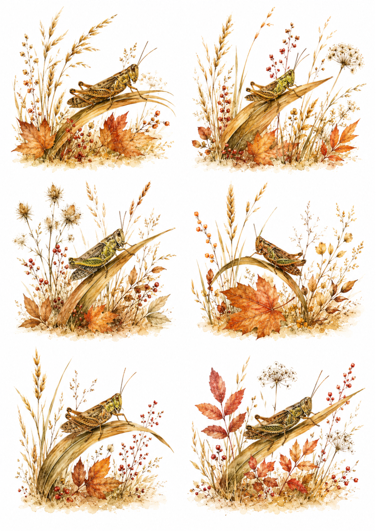 Sticker Sheet / Greeting Card – Autumn Grasshopper Collage Cat. No. 10123