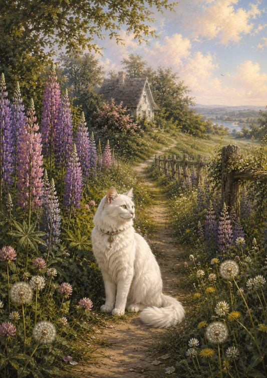 Sticker Sheet / Greeting Card – Beautiful White Cat on the Floral Path Full Cat. No. 10136