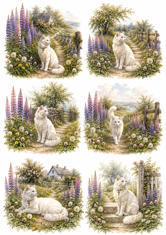 Sticker Sheet / Greeting Card – Beautiful White Cat on the Floral Path Collage Cat. No. 10137