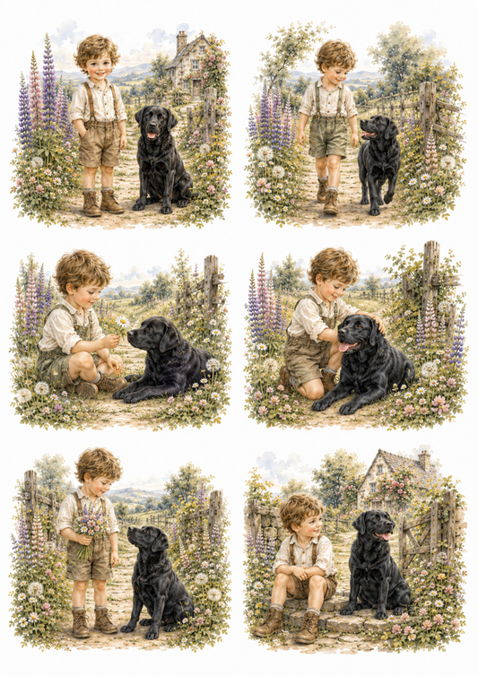 Sticker Sheet / Greeting Card – Little Boy & Black Labrador Collage Cat. No. 10139