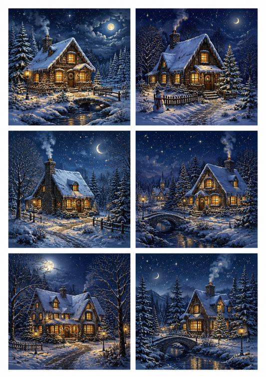 Sticker Sheet / Greeting Card – Christmas Cottage at Night Time Collage Cat. No. 10144