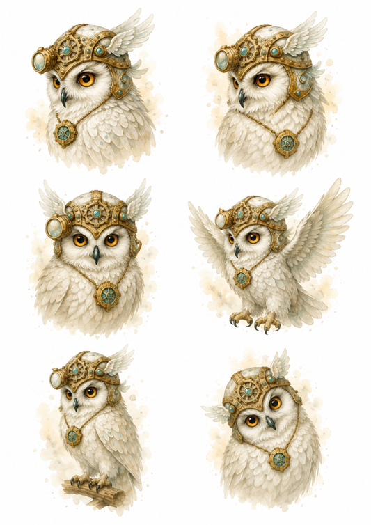 Sticker Sheet / Greeting Card – Steampunk White Owl Cat Collage Cat. No. 10153