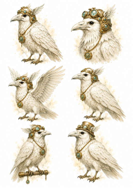 Sticker Sheet / Greeting Card – Steampunk White Raven Collage Cat. No. 10154