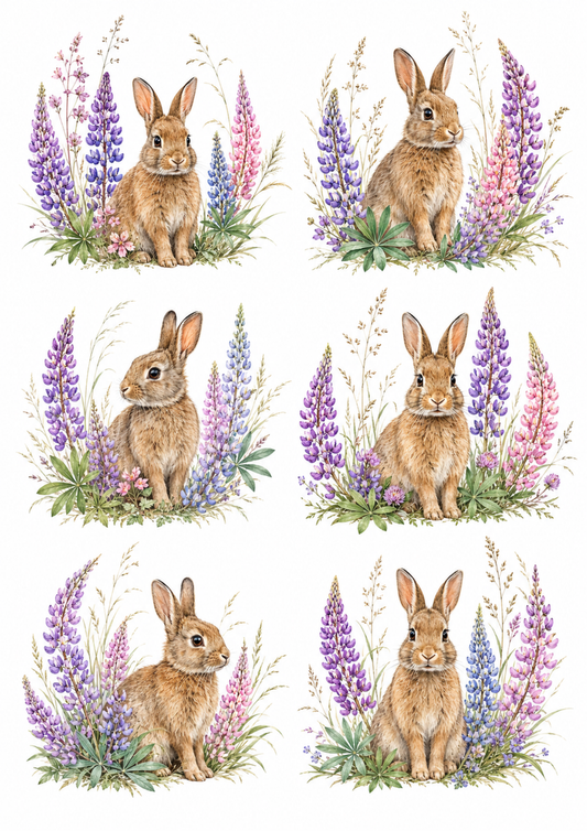 Sticker Sheet / Greeting Card – Hare in Blooming Lupine Collage Cat. No. 10160